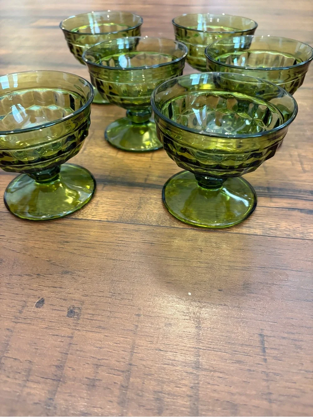 Vintage Indiana Glass Whitehall Avocado Green Cubist Sherbet Dessert Glasses 6